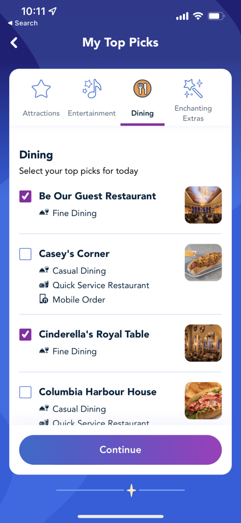 Disney Genie Service on iOS - Selecting Favorite Dining Options